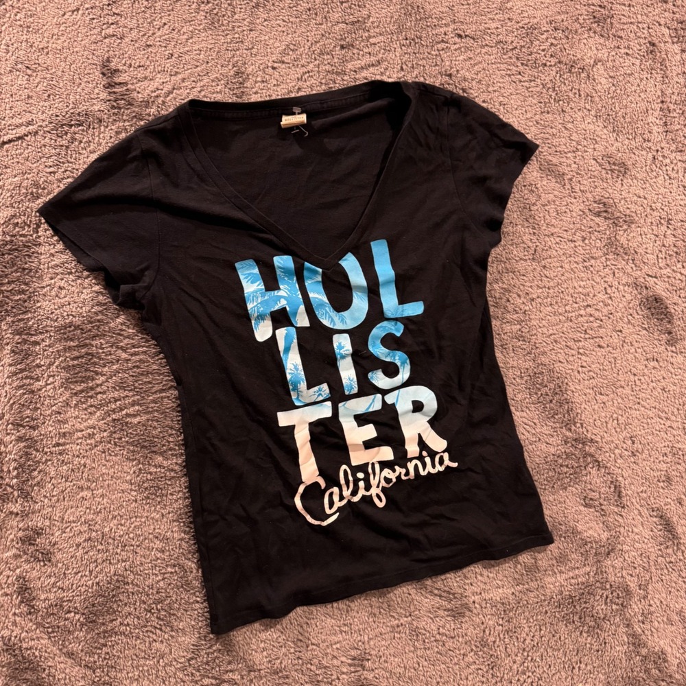 Hollister California Womens Graphic V-Neck T-Shirt Black Palm Tree Logo Size M